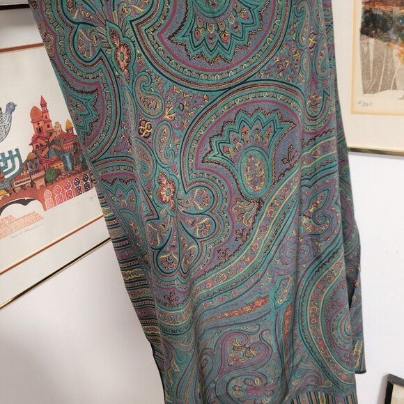 Extra Large Silk Pashmina Wrap In Green Paisley -Purple and Gold - Picture 3 of 3